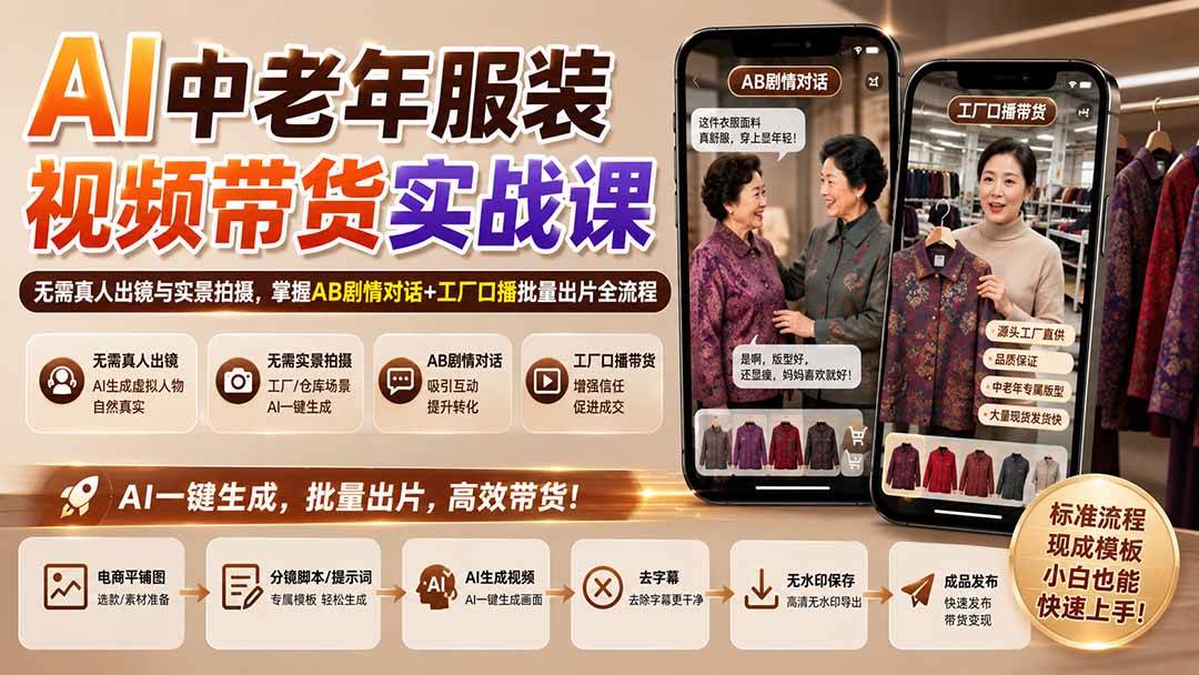 AI中老年服装视频带货实战课：无需真人出镜与实景拍摄，掌握AB剧情对话+工厂口播批量出片全流程